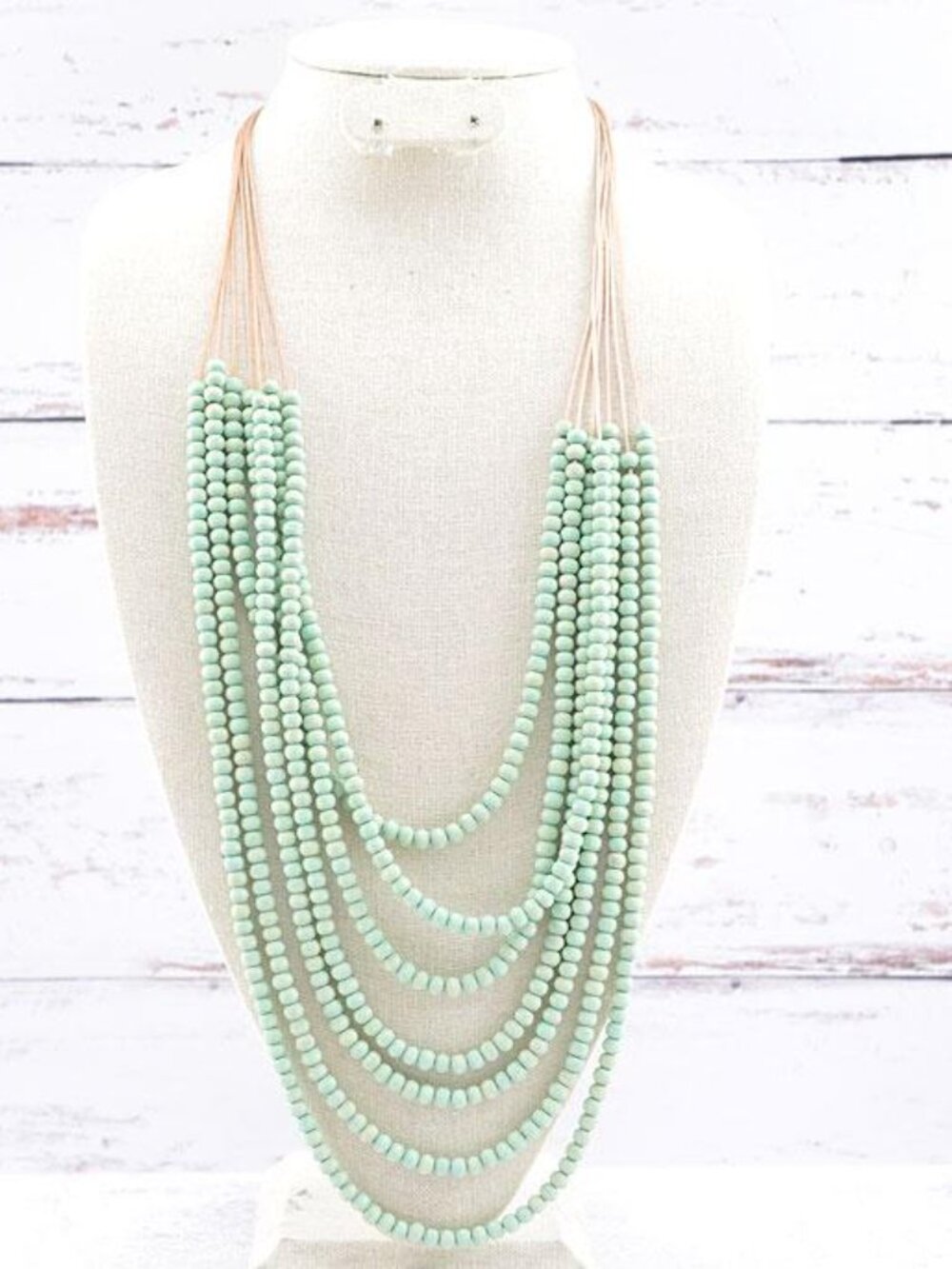 NEW Western Multi Strand Wooden Beaded Mint Green Boho Statement Necklace